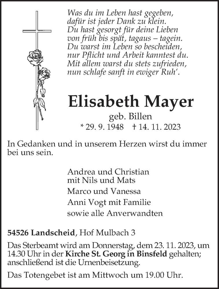  Traueranzeige für Elisabeth Mayer vom 18.11.2023 aus trierischer_volksfreund