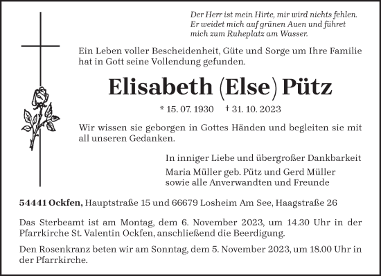 Traueranzeige von Elisabeth  Pütz von trierischer_volksfreund