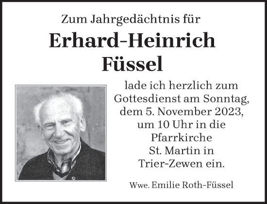 Traueranzeige von Erhard-Heinrich Füssel von trierischer_volksfreund
