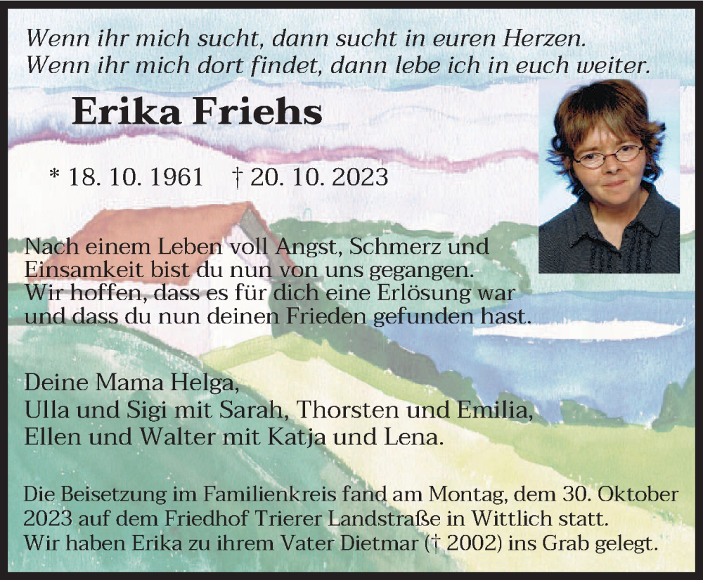  Traueranzeige für Erika Friehs vom 04.11.2023 aus trierischer_volksfreund