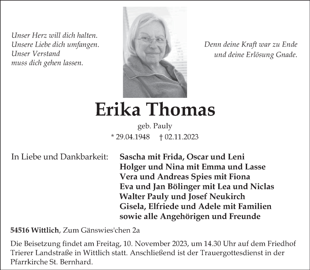  Traueranzeige für Erika Thomas vom 04.11.2023 aus trierischer_volksfreund