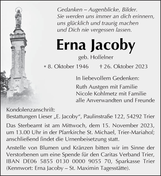 Traueranzeige von Erna Jacoby von trierischer_volksfreund