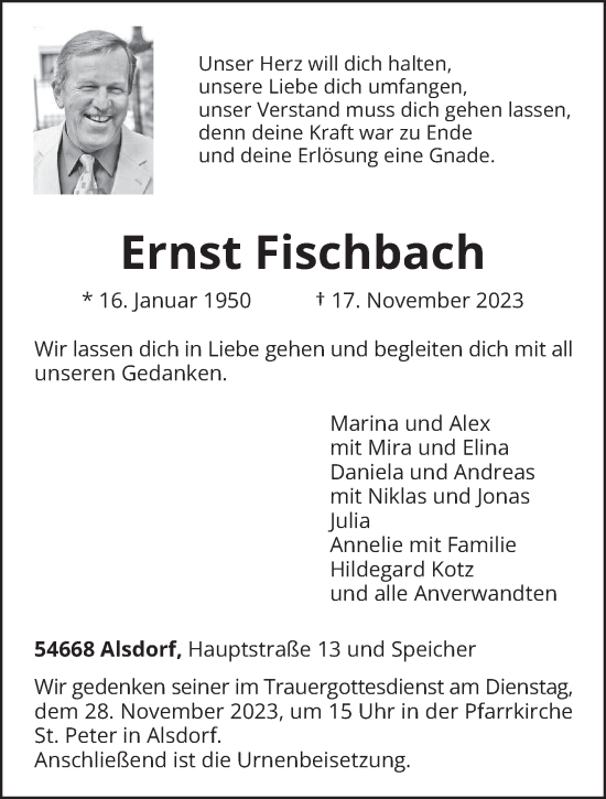 Traueranzeige von Ernst Fischbach von trierischer_volksfreund