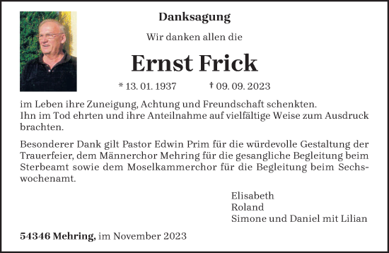 Traueranzeige von Ernst Frick von trierischer_volksfreund