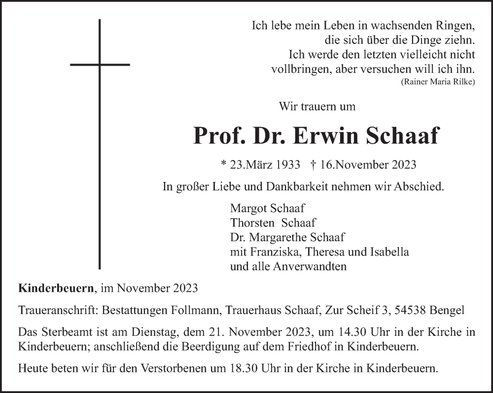  Traueranzeige für Erwin Schaaf vom 20.11.2023 aus trierischer_volksfreund