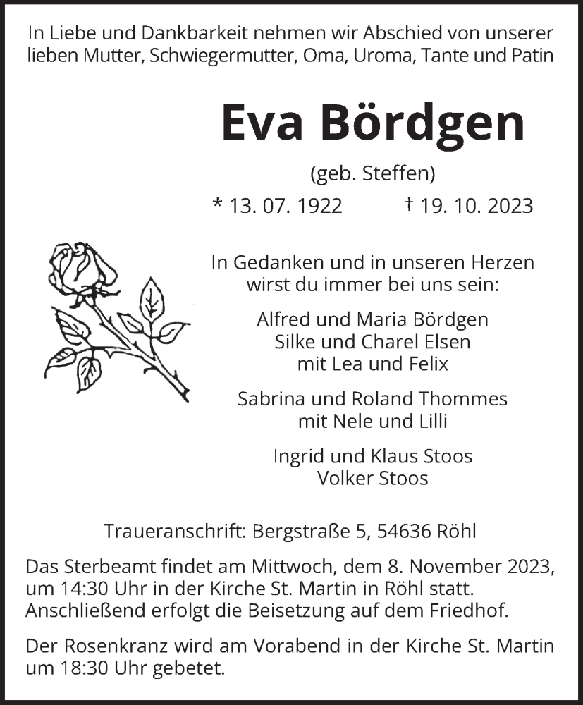  Traueranzeige für Eva Bördgen vom 31.10.2023 aus trierischer_volksfreund