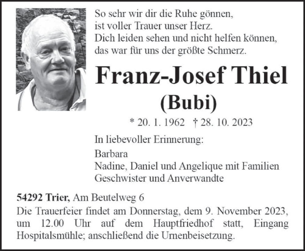  Traueranzeige für Franz-Josef Thiel vom 04.11.2023 aus trierischer_volksfreund