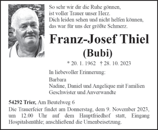 Traueranzeige von Franz-Josef Thiel von trierischer_volksfreund