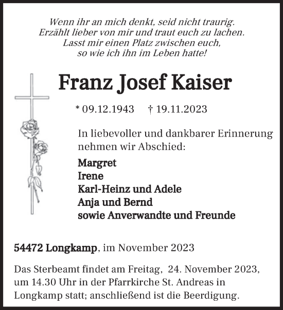 Traueranzeige von Franz Josef Kaiser von trierischer_volksfreund