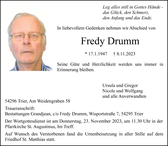 Traueranzeige von Fredy Drumm von trierischer_volksfreund