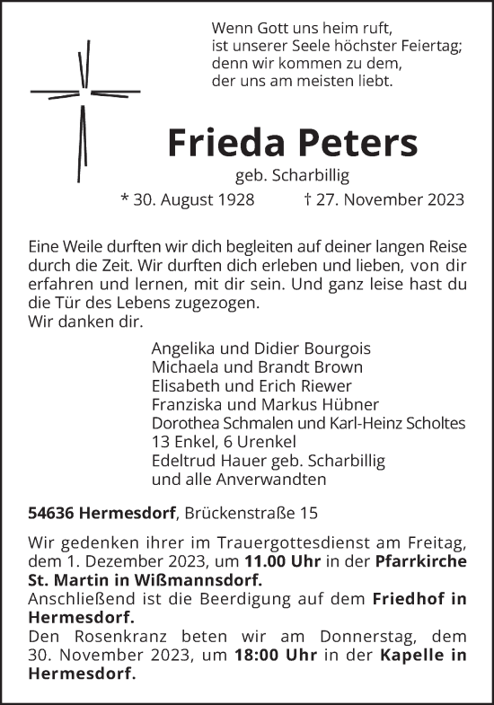 Traueranzeige von Frieda Peters von trierischer_volksfreund