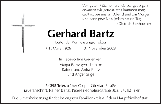 Traueranzeige von Gerhard Bartz von trierischer_volksfreund