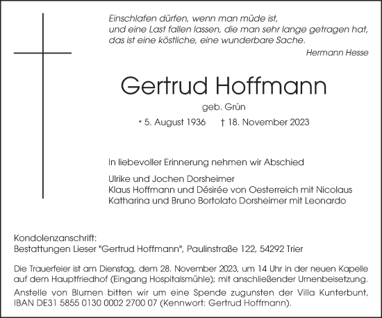 Traueranzeige von Gertrud Hoffmann von trierischer_volksfreund