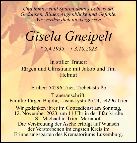 Traueranzeige von Gisela Gneipelt von trierischer_volksfreund