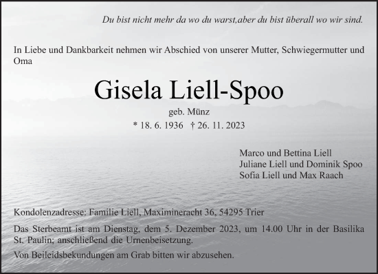 Traueranzeige von Gisela Liell-Spoo von trierischer_volksfreund