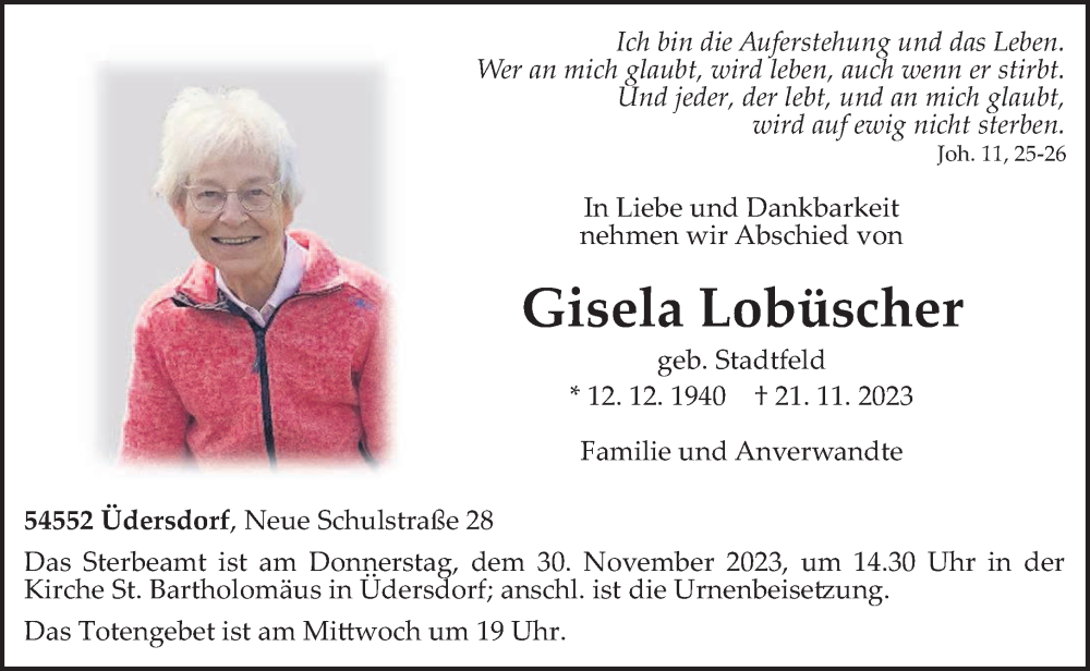  Traueranzeige für Gisela Lobüscher vom 25.11.2023 aus trierischer_volksfreund