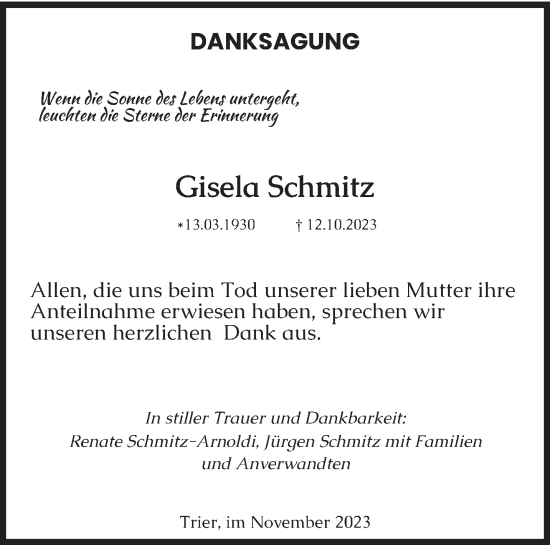 Traueranzeige von Gisela Schmitz von trierischer_volksfreund