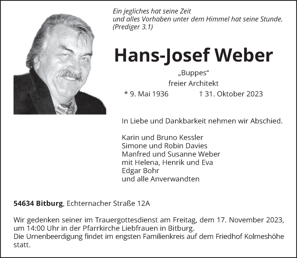  Traueranzeige für Hans-Josef Weber vom 04.11.2023 aus trierischer_volksfreund
