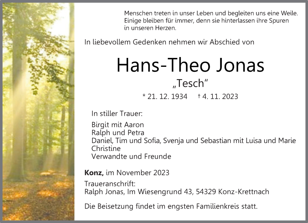  Traueranzeige für Hans-Theo Jonas vom 11.11.2023 aus trierischer_volksfreund