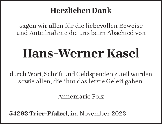 Traueranzeige von Hans-Werner Kasel von trierischer_volksfreund