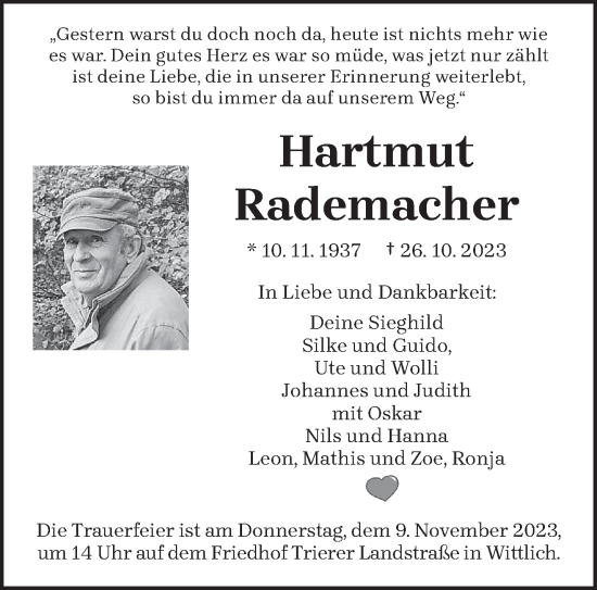 Traueranzeige von Hartmut Rademacher von trierischer_volksfreund