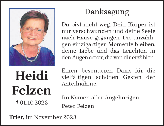 Traueranzeige von Heidi Felzen von trierischer_volksfreund