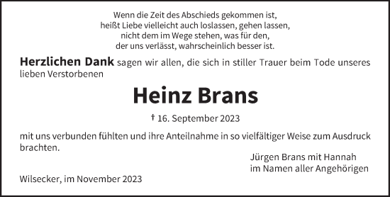Traueranzeige von Heinz Brans von trierischer_volksfreund
