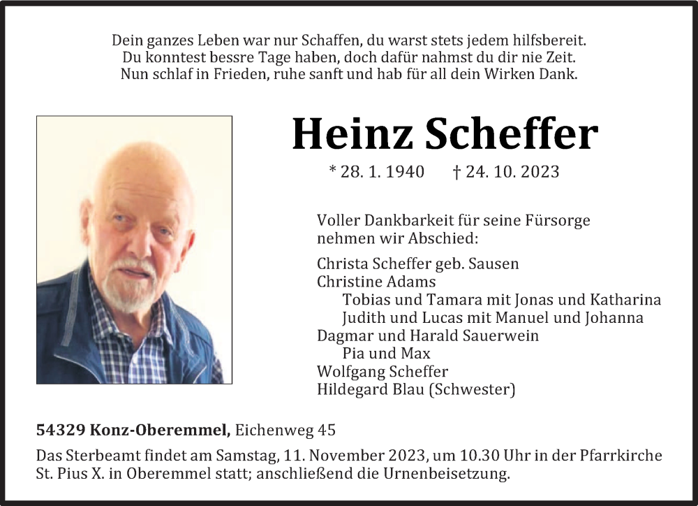  Traueranzeige für Heinz Scheffer vom 04.11.2023 aus trierischer_volksfreund