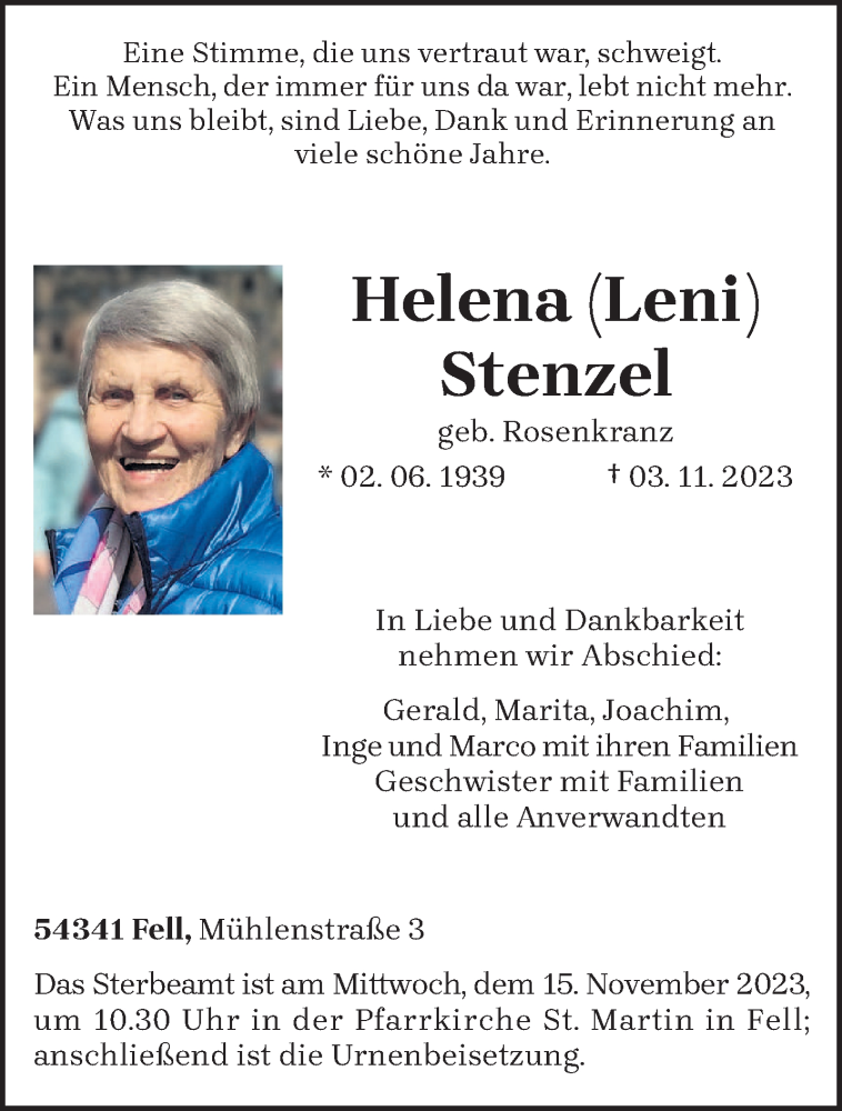 Traueranzeigen von Helena Stenzel | Volksfreund.Trauer.de