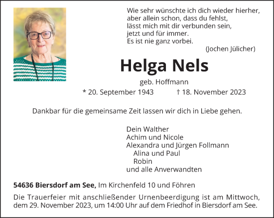 Traueranzeige von Helga Nels von trierischer_volksfreund
