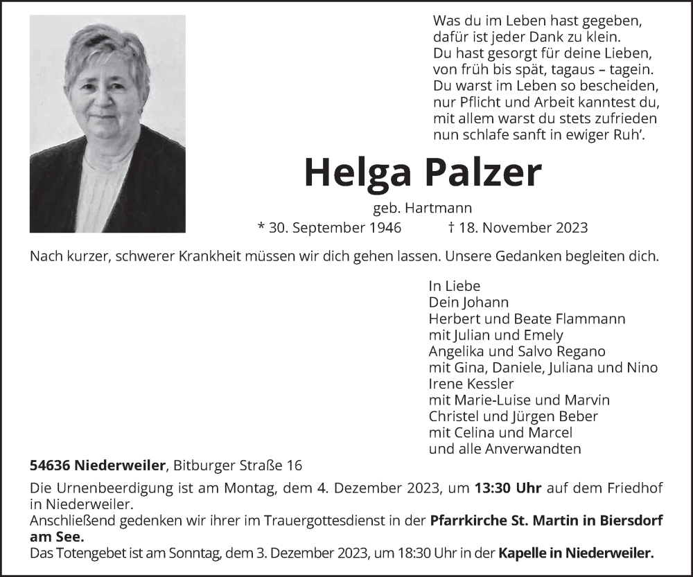  Traueranzeige für Helga Palzer vom 25.11.2023 aus trierischer_volksfreund