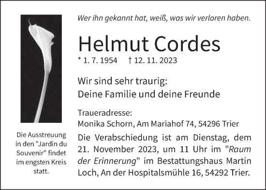 Traueranzeige von Helmut Cordes von trierischer_volksfreund
