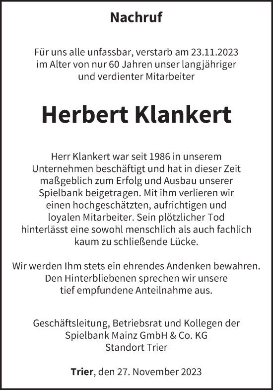 Traueranzeige von Herbert Klankert von trierischer_volksfreund