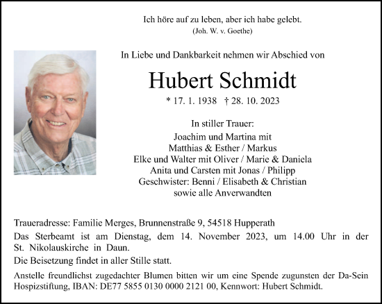 Traueranzeige von Hubert Schmidt von trierischer_volksfreund