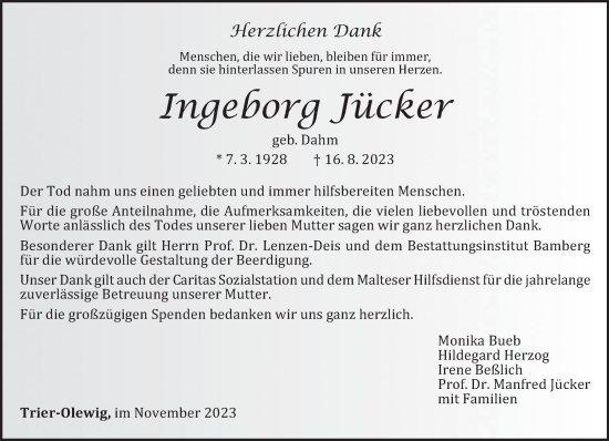 Traueranzeige von Ingeborg Jücker von trierischer_volksfreund