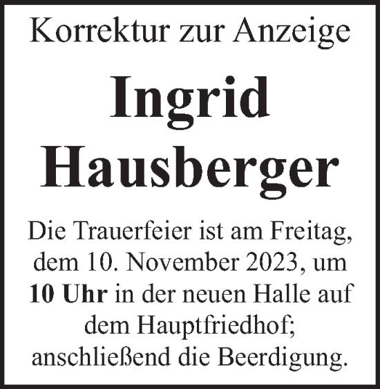 Traueranzeige von Ingrid Hausberger von trierischer_volksfreund