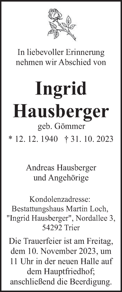 Traueranzeige von Ingrid Hausberger von trierischer_volksfreund