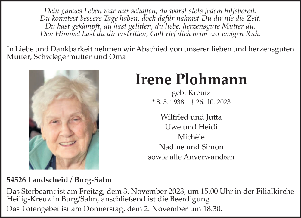  Traueranzeige für Irene Plohmann vom 31.10.2023 aus trierischer_volksfreund
