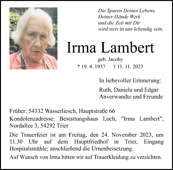 Traueranzeige von Irma Lambert von trierischer_volksfreund
