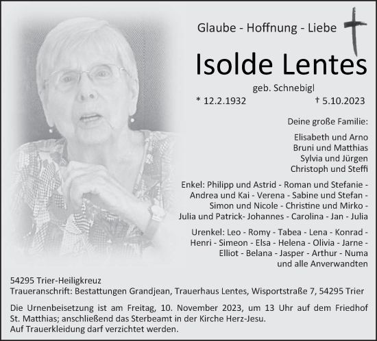 Traueranzeige von Isolde Lentes von trierischer_volksfreund