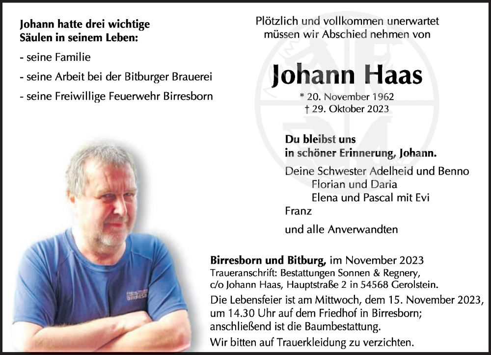  Traueranzeige für Johann Haas vom 04.11.2023 aus trierischer_volksfreund