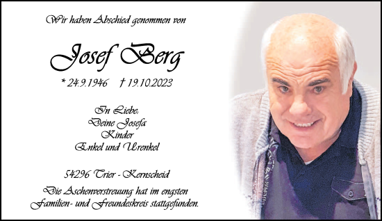 Traueranzeige von Josef Berg von trierischer_volksfreund