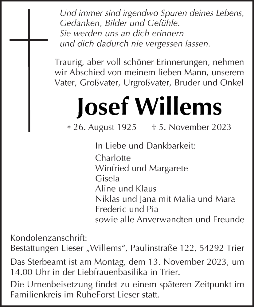  Traueranzeige für Josef Willems vom 08.11.2023 aus trierischer_volksfreund