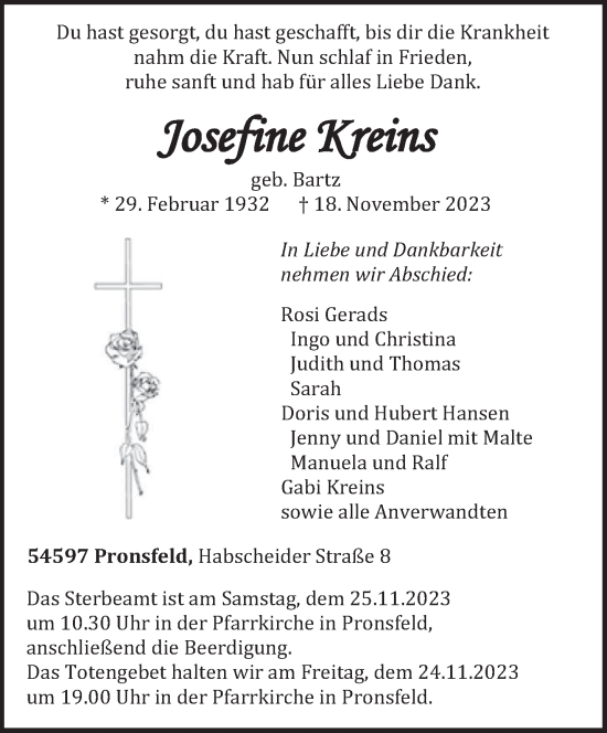 Traueranzeige von Josefine Kreins von trierischer_volksfreund