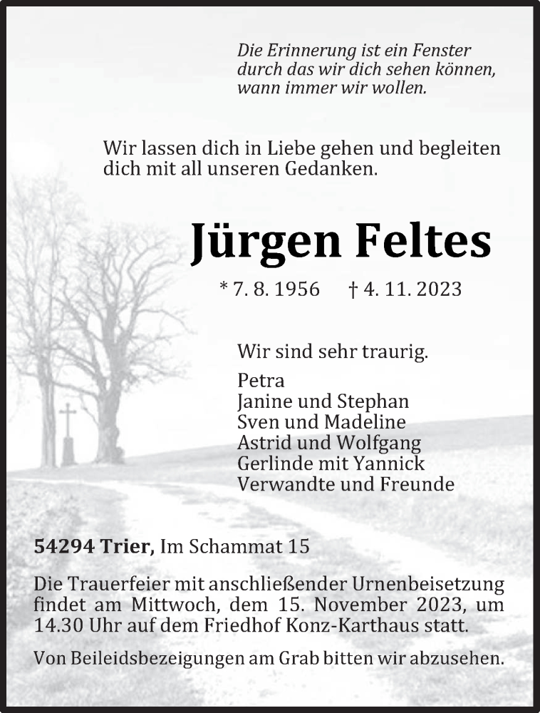  Traueranzeige für Jürgen Feltes vom 11.11.2023 aus trierischer_volksfreund
