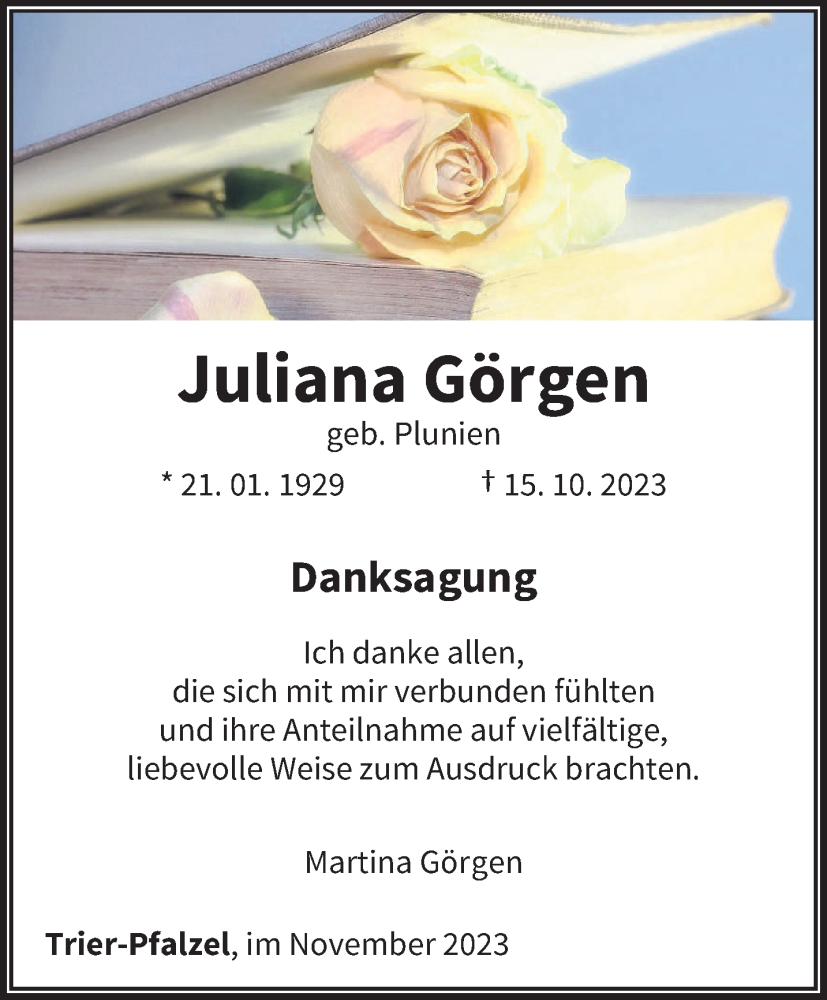  Traueranzeige für Juliana Görgen vom 18.11.2023 aus trierischer_volksfreund
