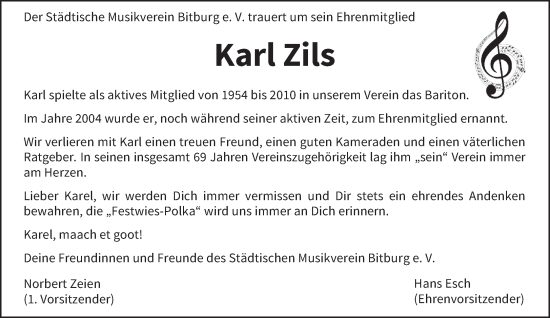 Traueranzeige von Karl Zils von trierischer_volksfreund