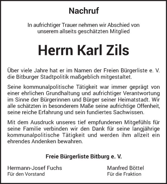 Traueranzeige von Karl Zils von trierischer_volksfreund