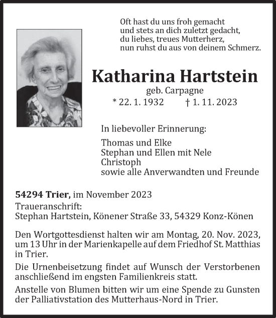 Traueranzeige von Katharina Hartstein von trierischer_volksfreund