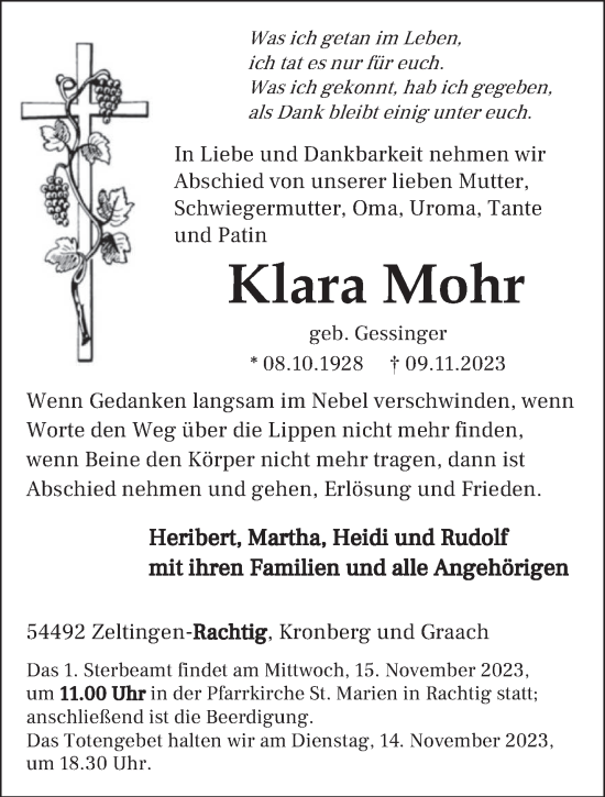 Traueranzeige von Klara Mohr von trierischer_volksfreund